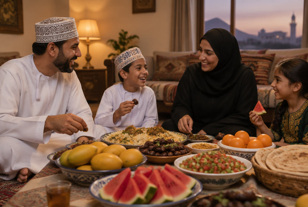 An Omani family sharing an evening meal of fresh fruit, salad and rice at home (illustration)